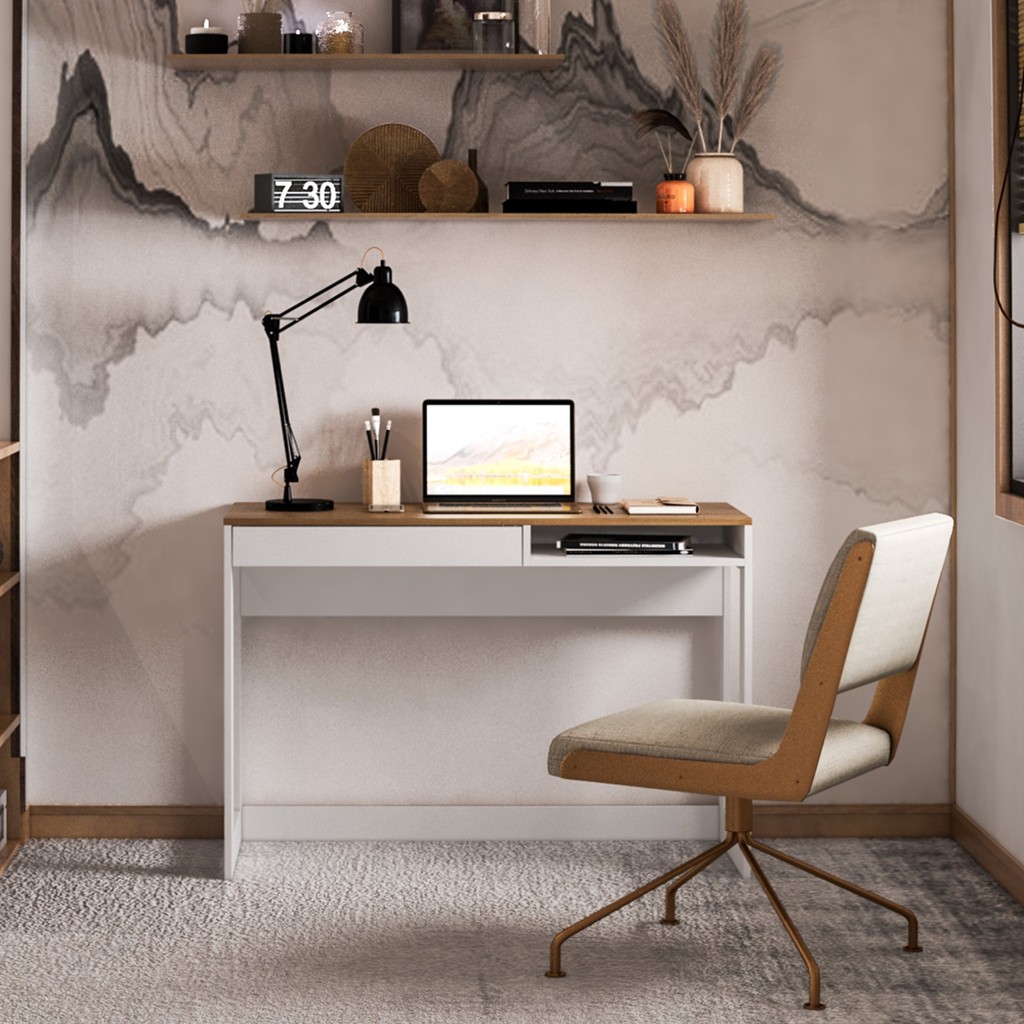 Escrivaninha Mesa Escritório 110cm 1 Gaveta 1 Nicho Rocklin Branco/Aveiro em Oferta na Shopee