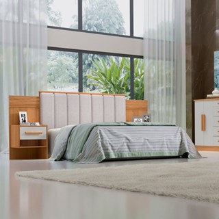 Cabeceira Casal 140cm Ripada 100% Mdf Estofada Isis com 02 Mesas de Cabeceira Espresso Móveis Cinamomo/Off White/Areia em Oferta na Shopee