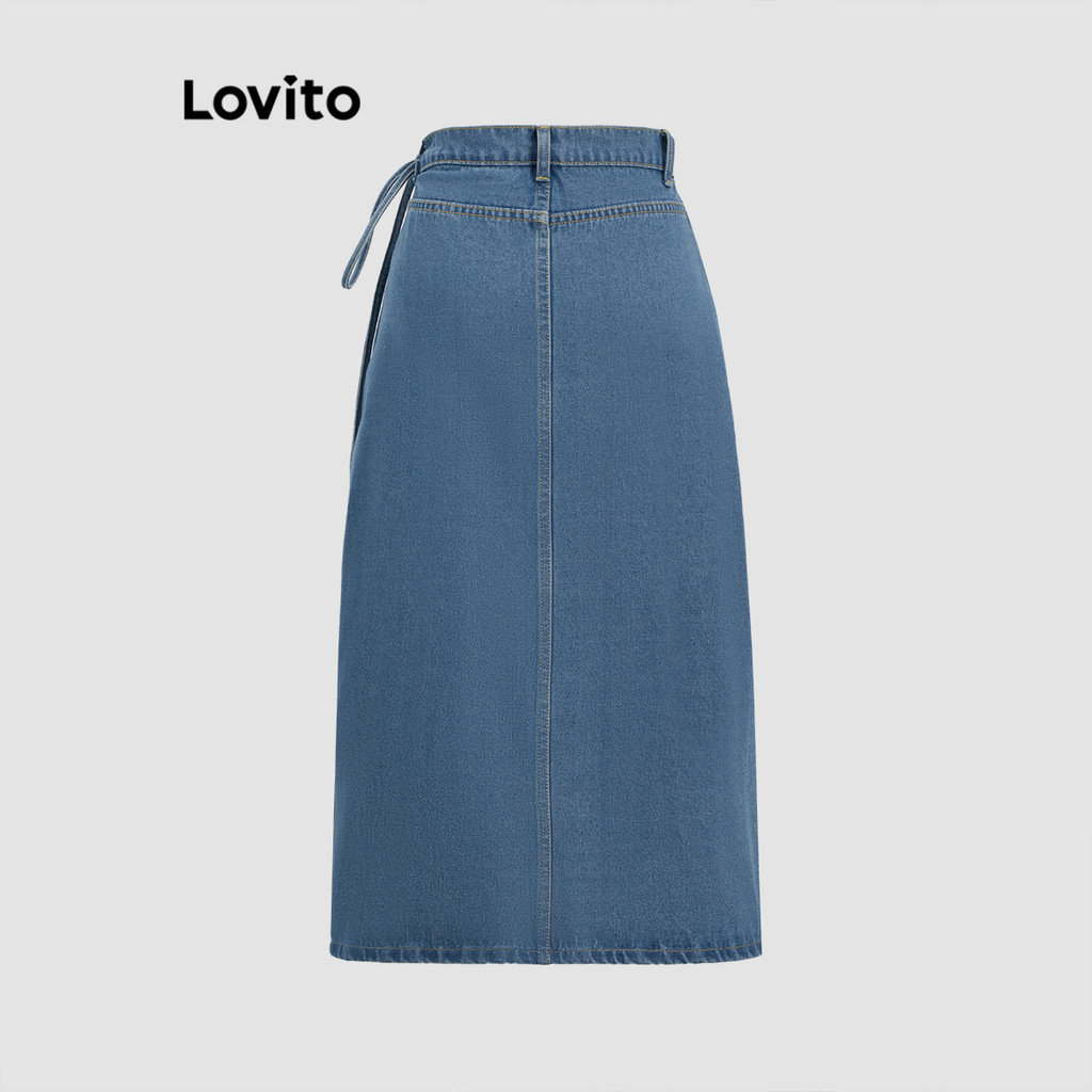 Detalhes do Lovito Saias Jeans Casuais Com Divisão Frontal Lisa E Rendada Saia Jeans Lavada Para Mulheres LNE73791