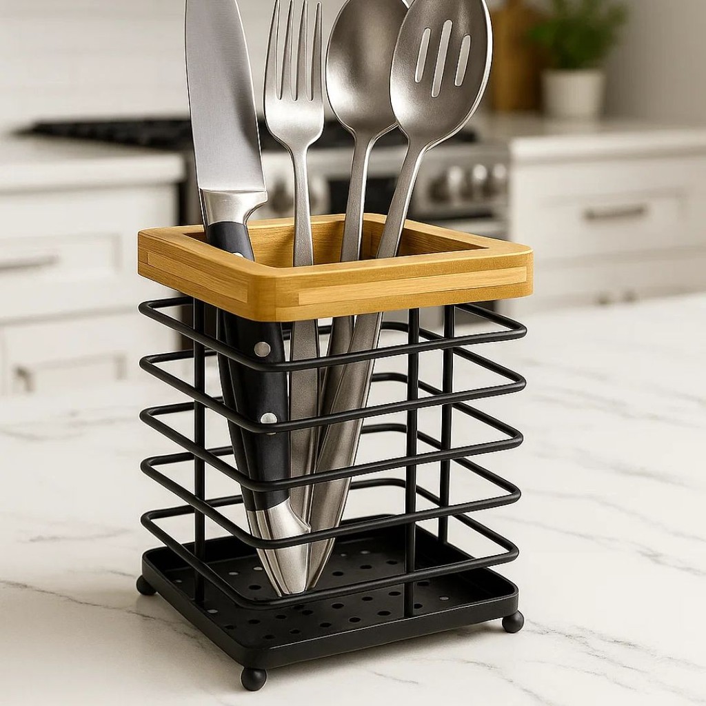 Porta Talheres Aramado Metal / Bambu - Vencedor em Oferta na Shopee