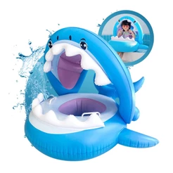 Boia Bebê Inflável Com Assento Fralda E Cobertura Azul Para Piscina Praia UV Anti-Sol Tubarão Tippi
