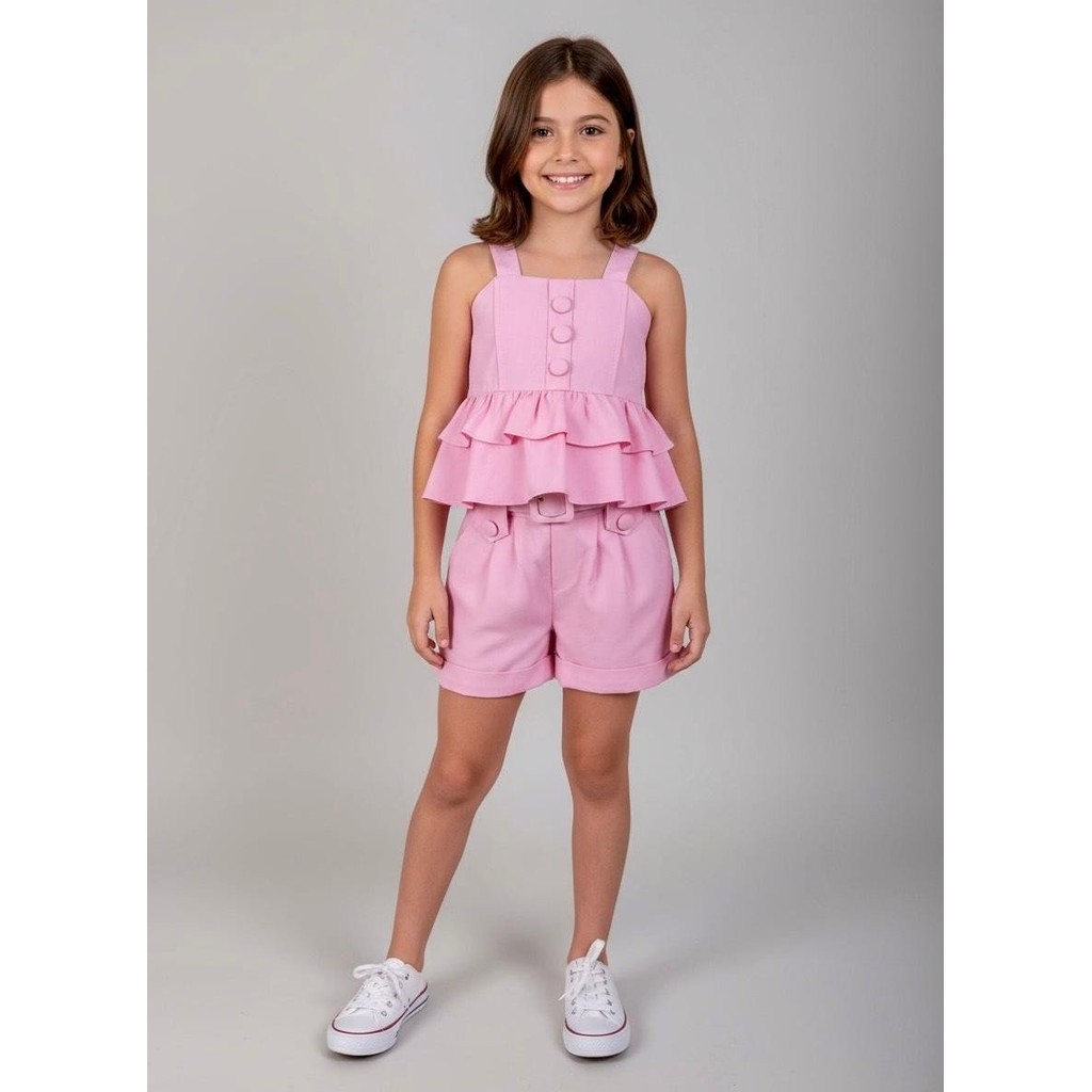 Conjunto Menina Infantil Cropped Peplum e Short com Cinto Tecido Sensorial