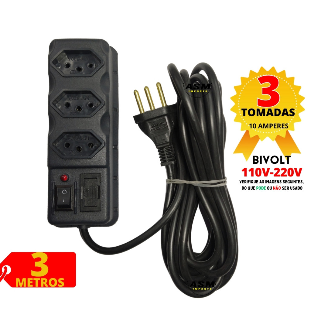 FILTRO DE LINHA RÉGUA tripolar 3 TOMADAS 10 Amperes fusível 3 METROS VOLTINO