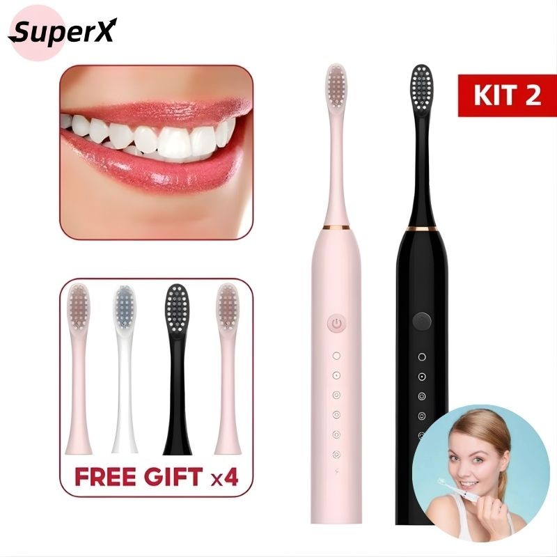 Kit com 2 Escovas de Dente Elétricas Sônicas Recarregáveis Rosa · À Prova d’Água IPX7