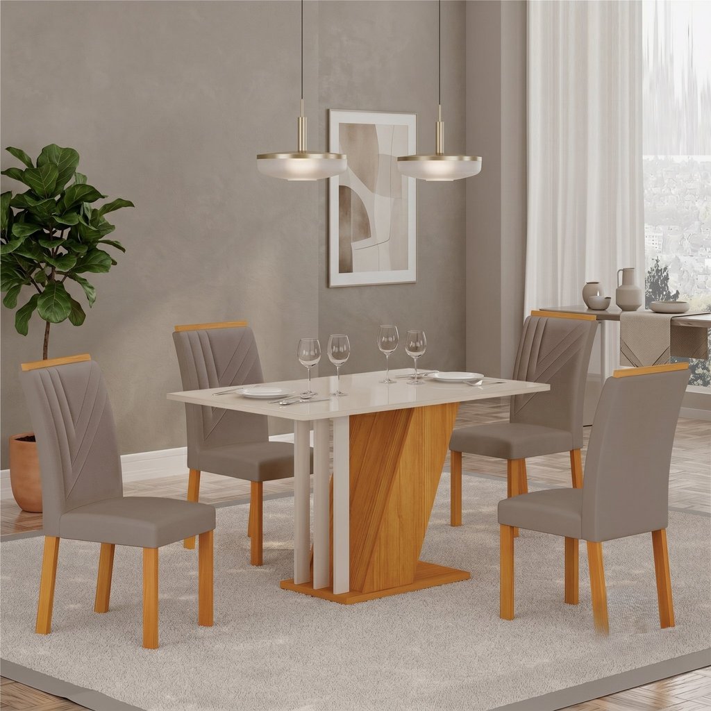 Conjunto Sala de Jantar Mesa com 4 Cadeiras Miami Yescasa Bege/Off White/Freijó Bege/Off White/Freijó