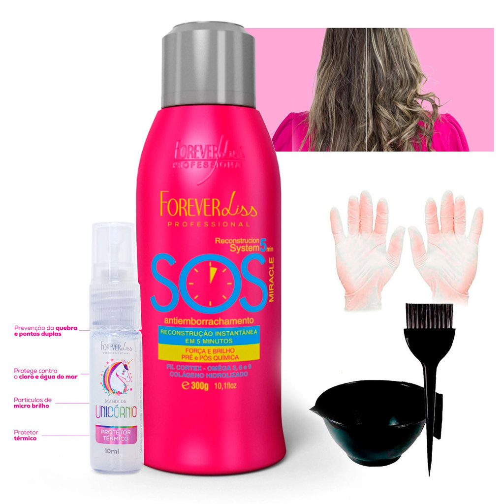 Cauterização Reconstrutor SOS Antiemborrachamento Forever Liss + Protetor Unicórnio 10ml + Cumbuca e Luvas