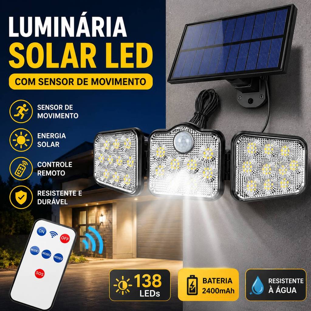 Luminária Solar LED com Sensor de Movimento Controle Remoto Painel Solar Externo para Jardim Garagem Quintal