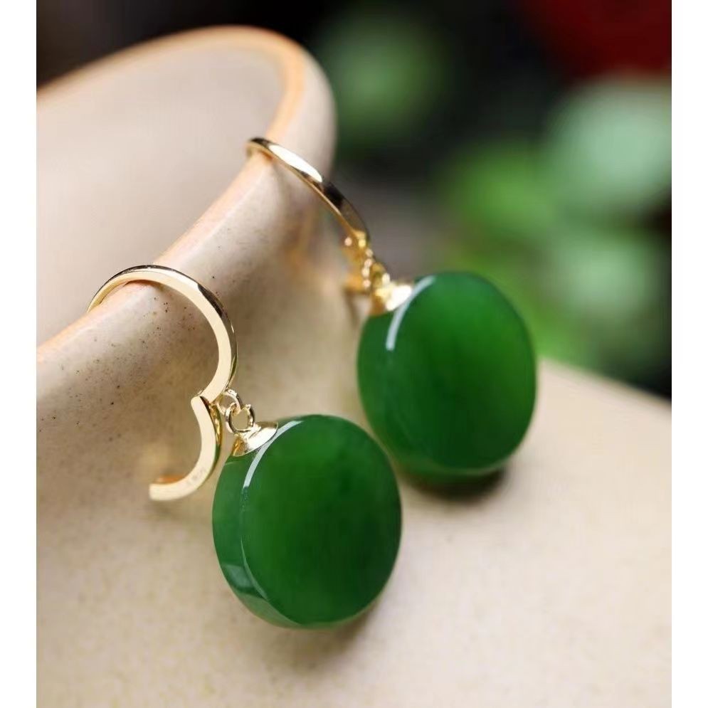 High-End All-Match método antigo ouro incrustado Natural Hetian Jade orelha Jasper paz marca gancho de orelha espinafre