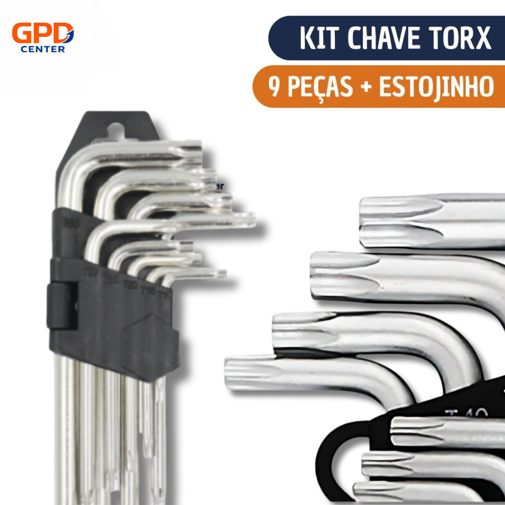 Jogo de Chave Torx Torque Media  9 Peças em Aço Cromo Vanadium T10 ao T50