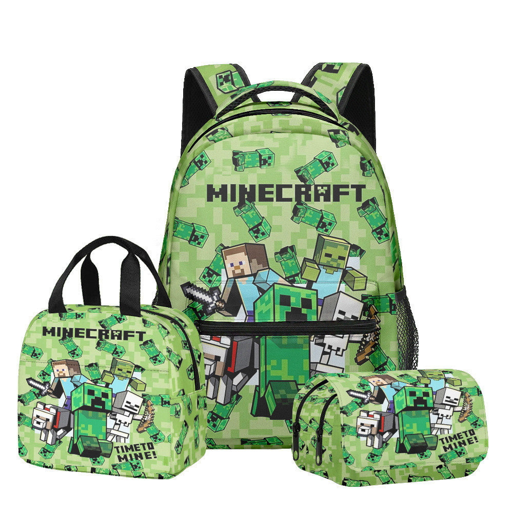 Conjunto de três peças de mochila escolar estilo jogo Minecraft + lancheira + estojo para lápis