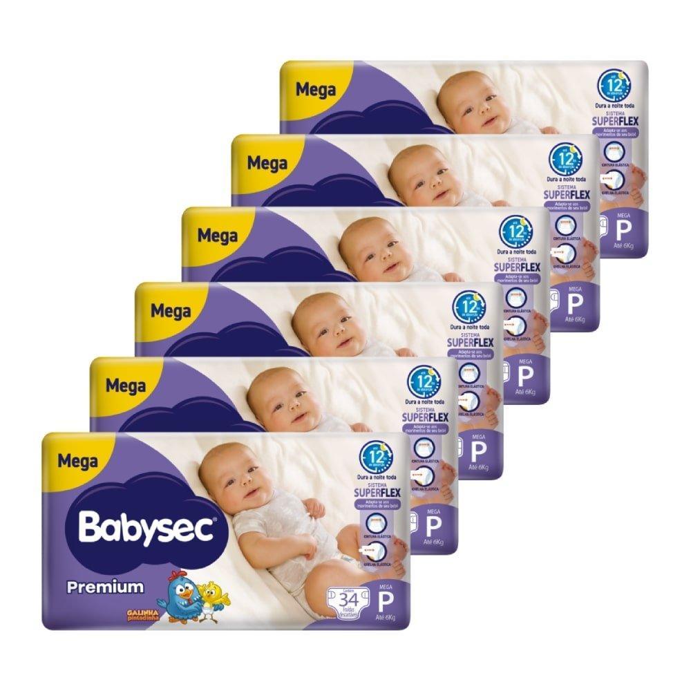 Fralda Descartável Babysex Premium Mega Tamanho P - 6 Pacotes com 34 Fraldas - T