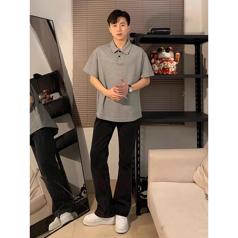 Flor cinza luz estilo maduro camisa polo de manga curta masculina verão Street Wear camisa lapela camiseta maduro estáve