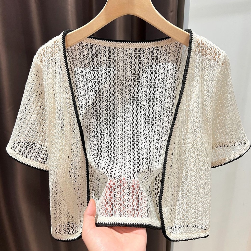 Xale De Manga Curta Oco De Malha Novo Protetor Solar Cardigan De Proteção Camisa Fina Verão Curto Colete De Seda Gelada