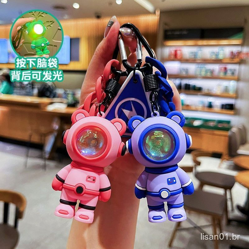 Criativo astronauta urso pôr do sol luz chaveiro amor dos desenhos animados luminoso astronauta boneca pingente pequeno