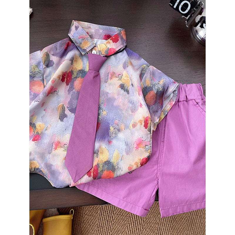 Meninos terno de verão 2025 novo estilo médio pequeno crianças camisa roxa gravata bonito crianças estilo Hong Kong tern