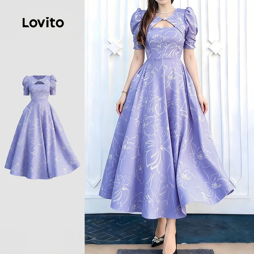 Lovito Padrão de Vestido Casual Plissado Roxo Vestido Feminino Primavera/Verão LK6ED013