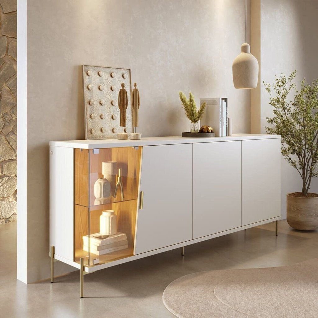 Buffet Aparador 180cm Led com 4 Portas e 1 Prateleira em Vidro Pés em Metal Sena