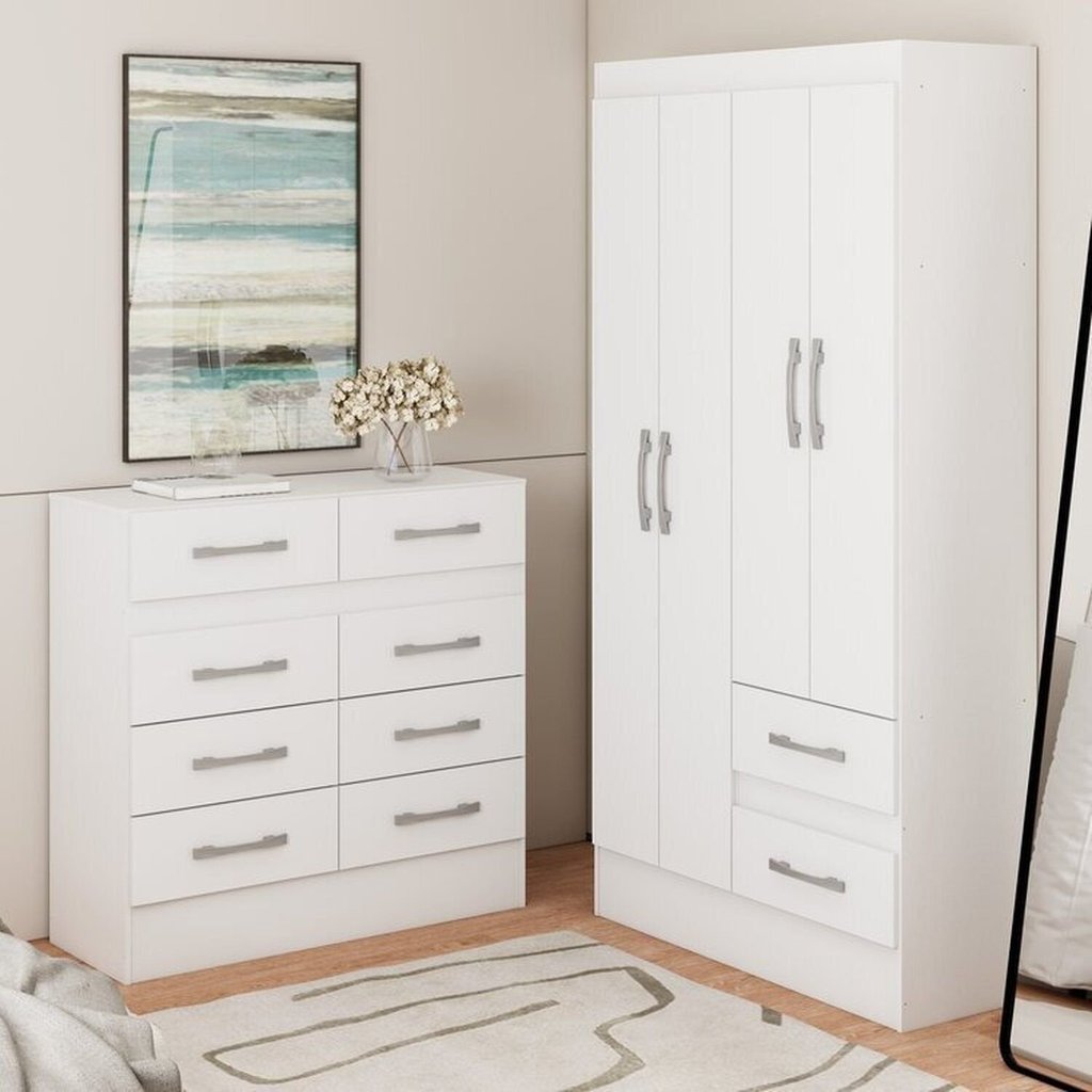 Guarda-Roupa 4 Portas 2 Gavetas com Cômoda 8 Gavetas Branco