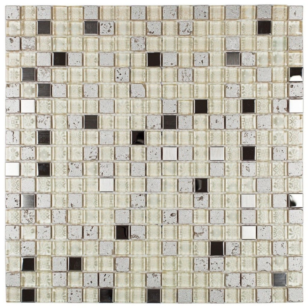 Pastilha de Vidro e Metal de 31cm X 31cm Rende  Glass Mosaic Branco/Metal
