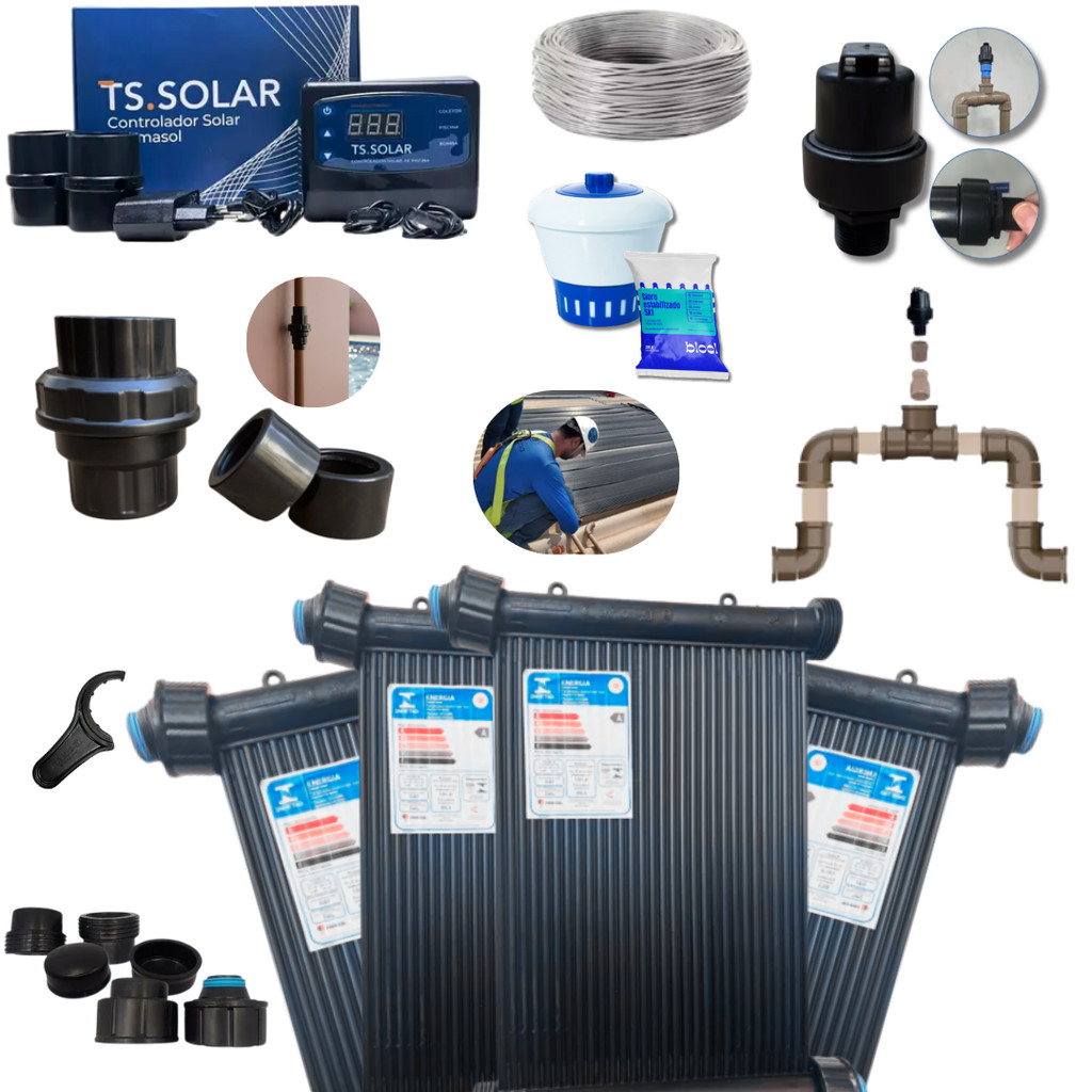 kit aquecedor solar piscina 14 placas de 2m x 30cm piscina 12000 litros completo controlador bivolt