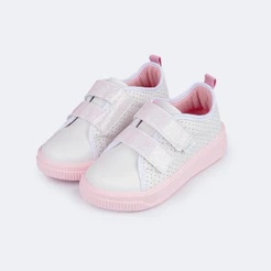 Tênis Infantil Menina Fecho Fácil com Glitter Branco e Rosa