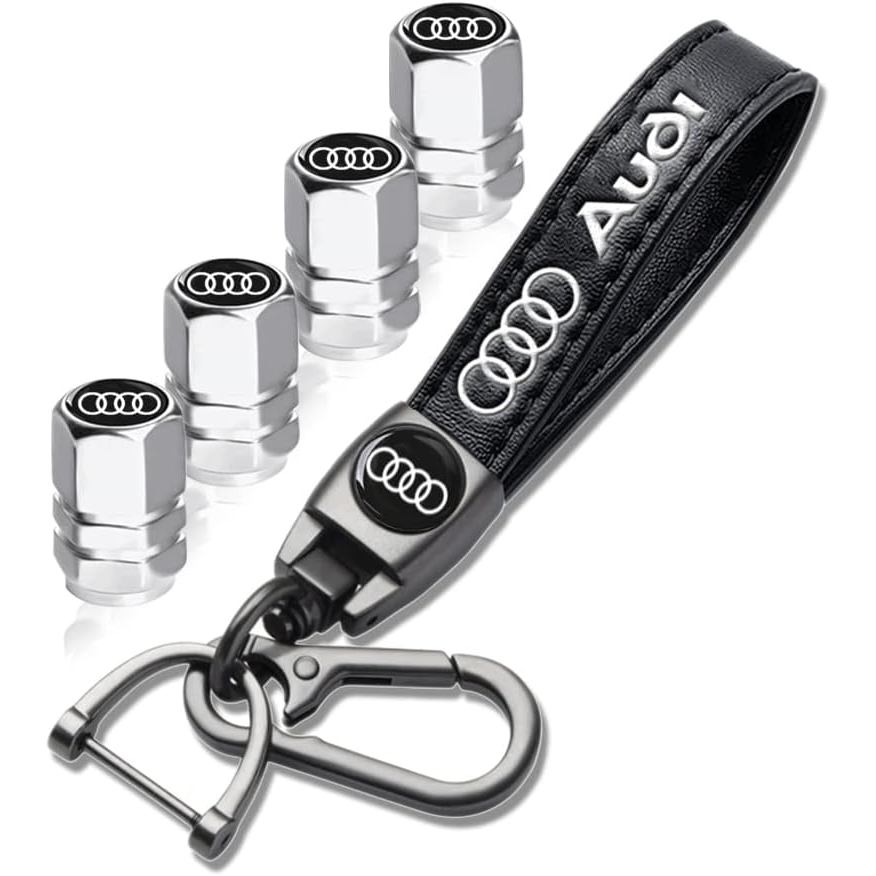 Chaveiro de Couro para Audi A1 A3 RS3 A4 A5 A6 A7 RS7 A8 Q3 Q5 Q7 R8, 4 Tampas de Válvula de Pneus de Metal