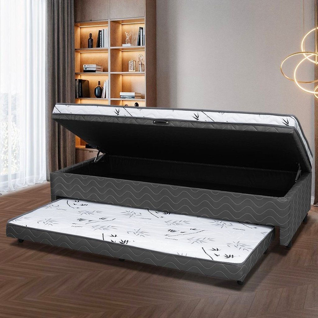 Cama Box Conjugada Solteiro 88CMX51CMX188CM Ortopédica D28 com Baú e Cama Auxiliar Laura Rbf Cinza Bambuzinho Cinza