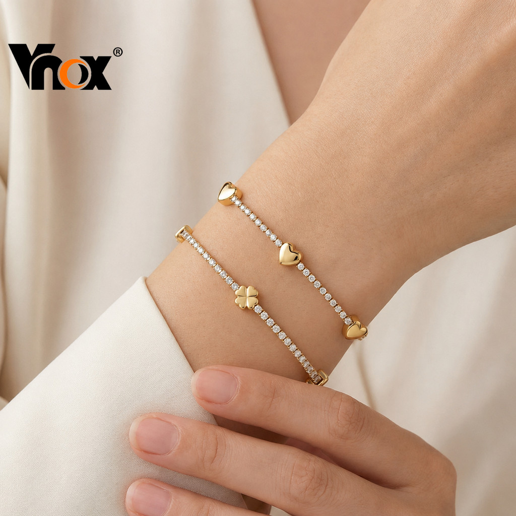Pulseira De Coração De Aço Inoxidável Banhada A Ouro Vnox Com Zircônia Cúbica Completa , Elegante De Incrustada Elo Para