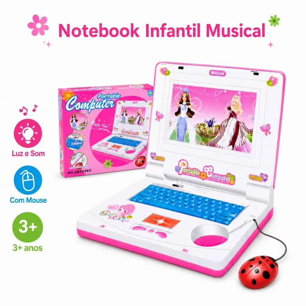 Laptop Infantil Rosa Notebook de Brinquedo com Mouse Som Luz Música Criança Menina 3 Anos — imagem 1