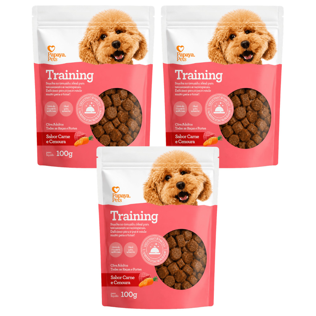 Kit 3 Petiscos Adestramento Cachorro Snack Training Recompensa Cães Carne Cenoura Papaya Pets 100g Premium