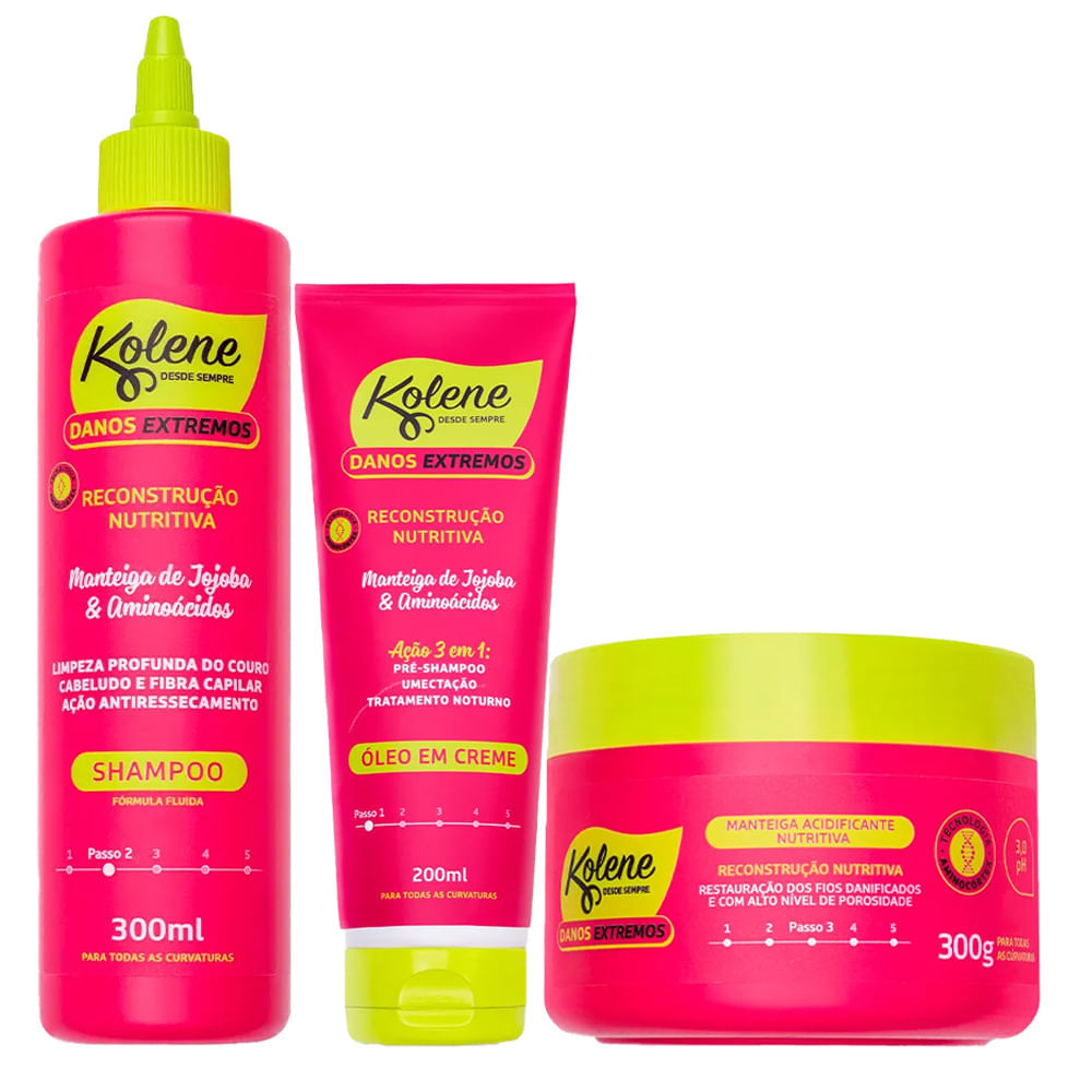 Kit Pré-Shampoo + Shampoo + Manteiga Kolene Danos Extremos Reconstrução Nutritiva
