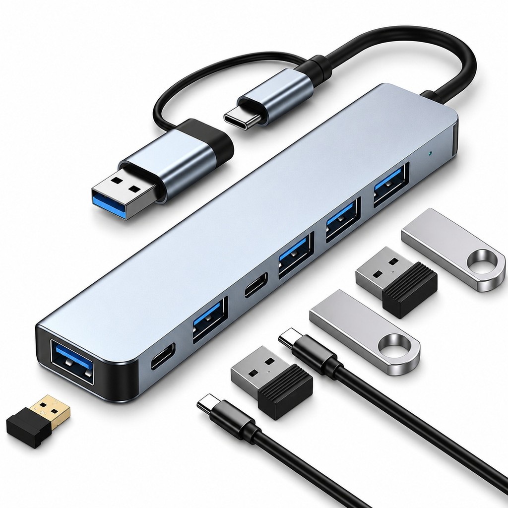 Hub USB Tipo C 8 em 1 USB 3.0 USB 2.0 Extensor Portas Adaptador para Notebook Tablet Celular LT-565