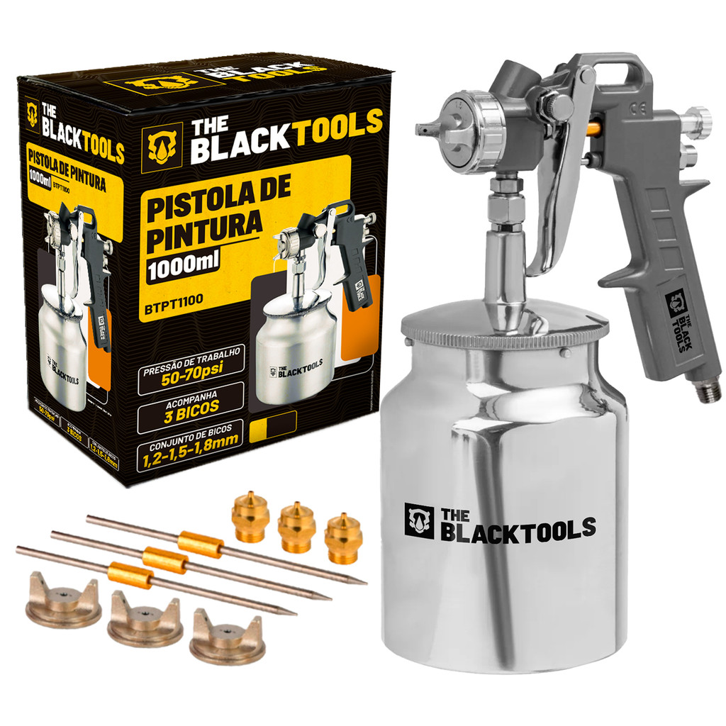 Pistola Pintura Sucção 1000ml 3 Bicos 1.2 1.5 1.8 - Btpt1100 Profissional The Black Tools em Oferta na Shopee