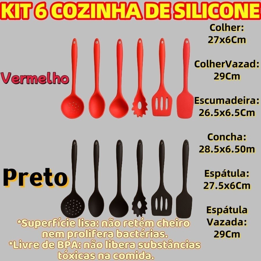 Kit 6 Peças De Silicone Concha Espátula Escumadeira Colher Vazada Para Cozinha Preto Ou Vermelho