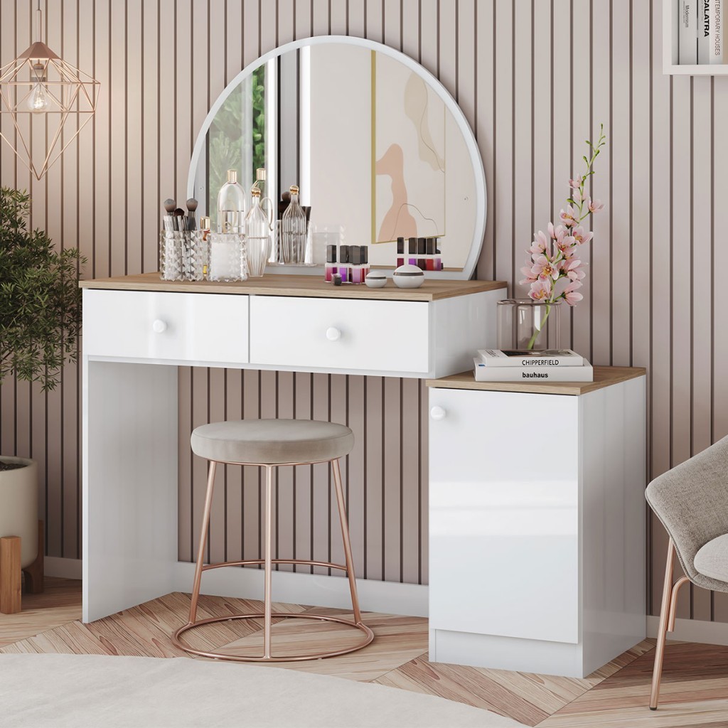 Penteadeira Agnes 1 Porta 2 Gavetas com Espelho Branco/Jequitibá Hp - Henn em Oferta na Shopee