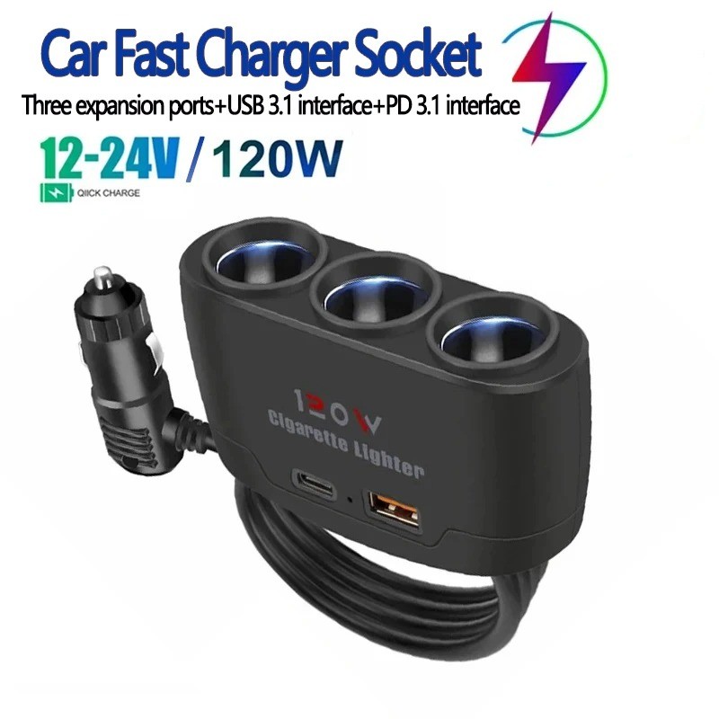120W PD USB 3.1 Carro Multi Portas Carregador Rápido Divisor DC 12V 24V Adaptador De Isqueiro Automático Tomada Do Telef