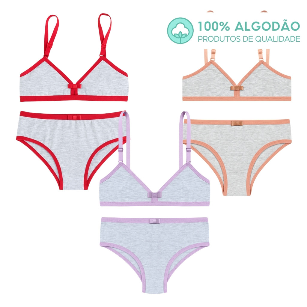 Kit 3 Conjunto Juvenil Infantil Algodão 4 a 15 Anos Menina Moça Confortável Sutiã e Calcinha