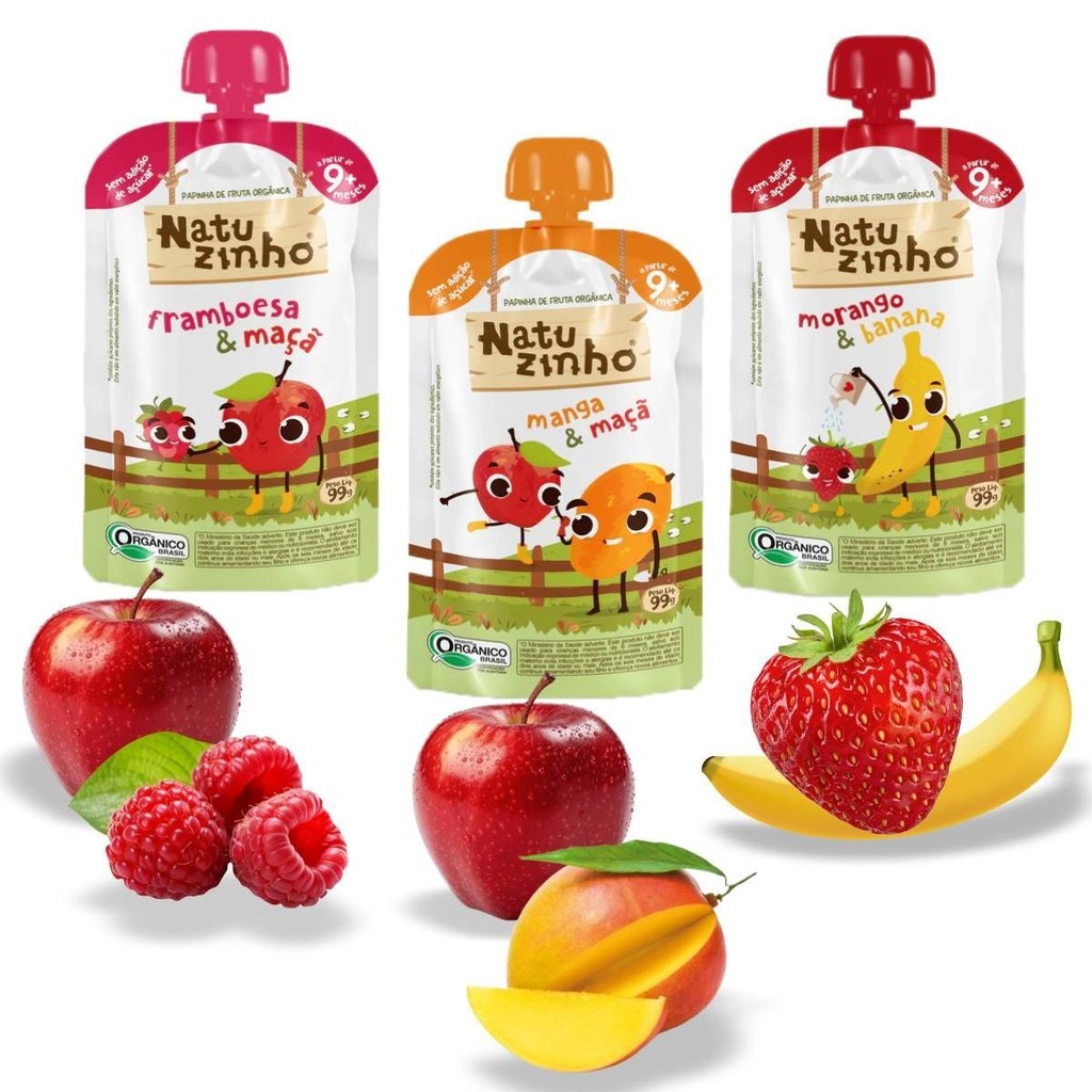 Kit 3 Papinha Infantil Sem Açúcar Manga Morango Framboesa 99g +6 meses