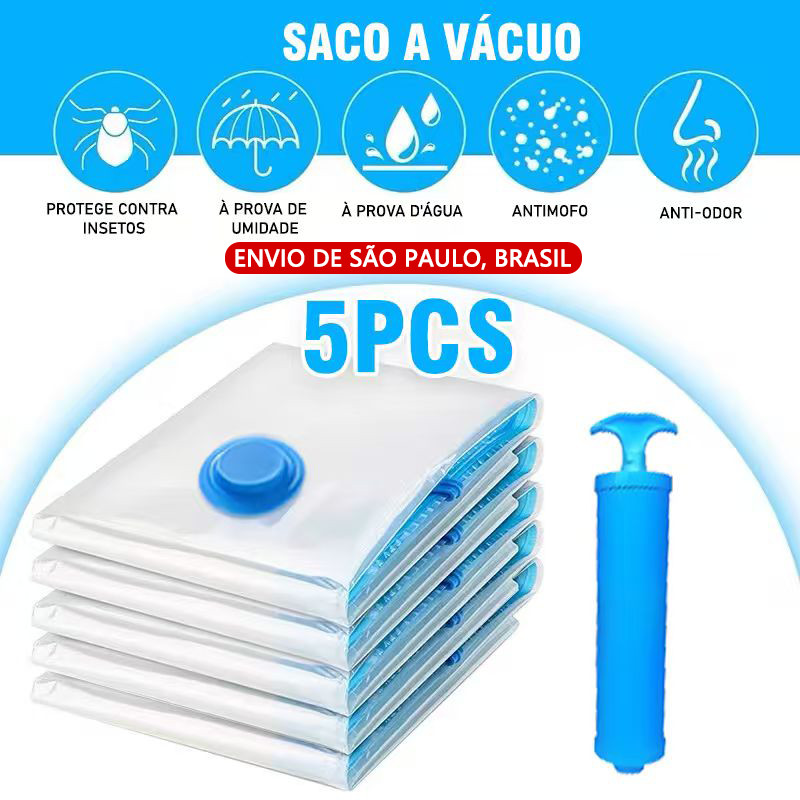 KIT 5 Saco a Vácuo + Bomba Manual ou Bomba Elétrica Organização de Roupas Mala Viagem Guarda Roupas