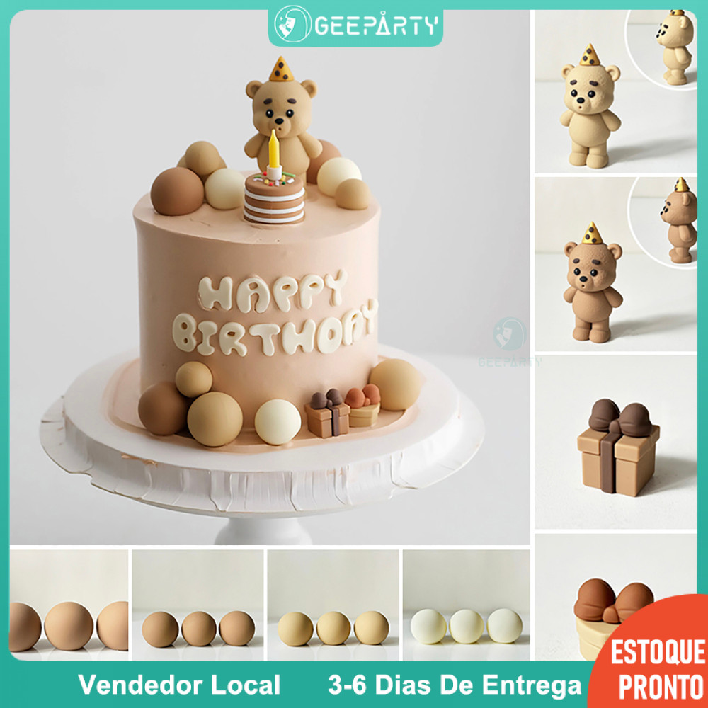 GeeParty - Topper de Bolo com Ursinho Fofinho com Chapéu de Aniversário