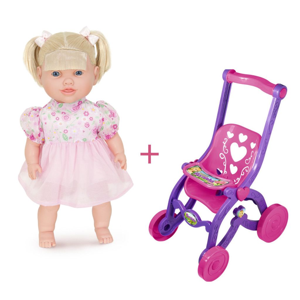 Boneca grande Athina Cantigas canta com mamadeira magica macia mais carrinho de passeio Florzinha