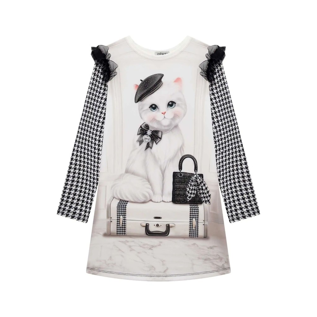 Vestido Baby Menina Manga Comprida Chique Branco com Preto Gata em Fly Tech-INFANTI-Tamanho 1