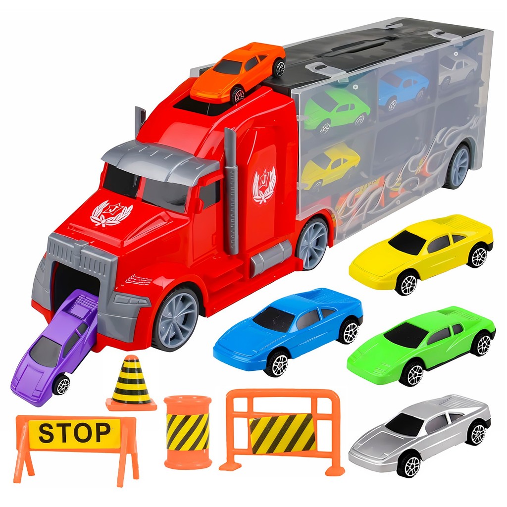 Caminhão Cegonha Com 6 Carrinhos Em Metal Brinquedo De Transporte Infantil Com Plaquinhas - For Kids