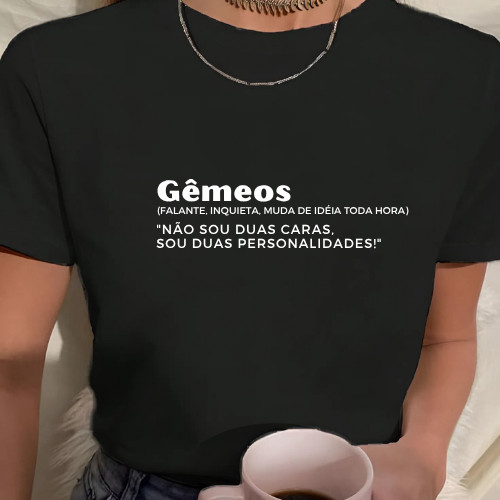 Camiseta Feminina Gêmeos  Estampa de Signos Frase Engraçada  Camisa Unissex Preta