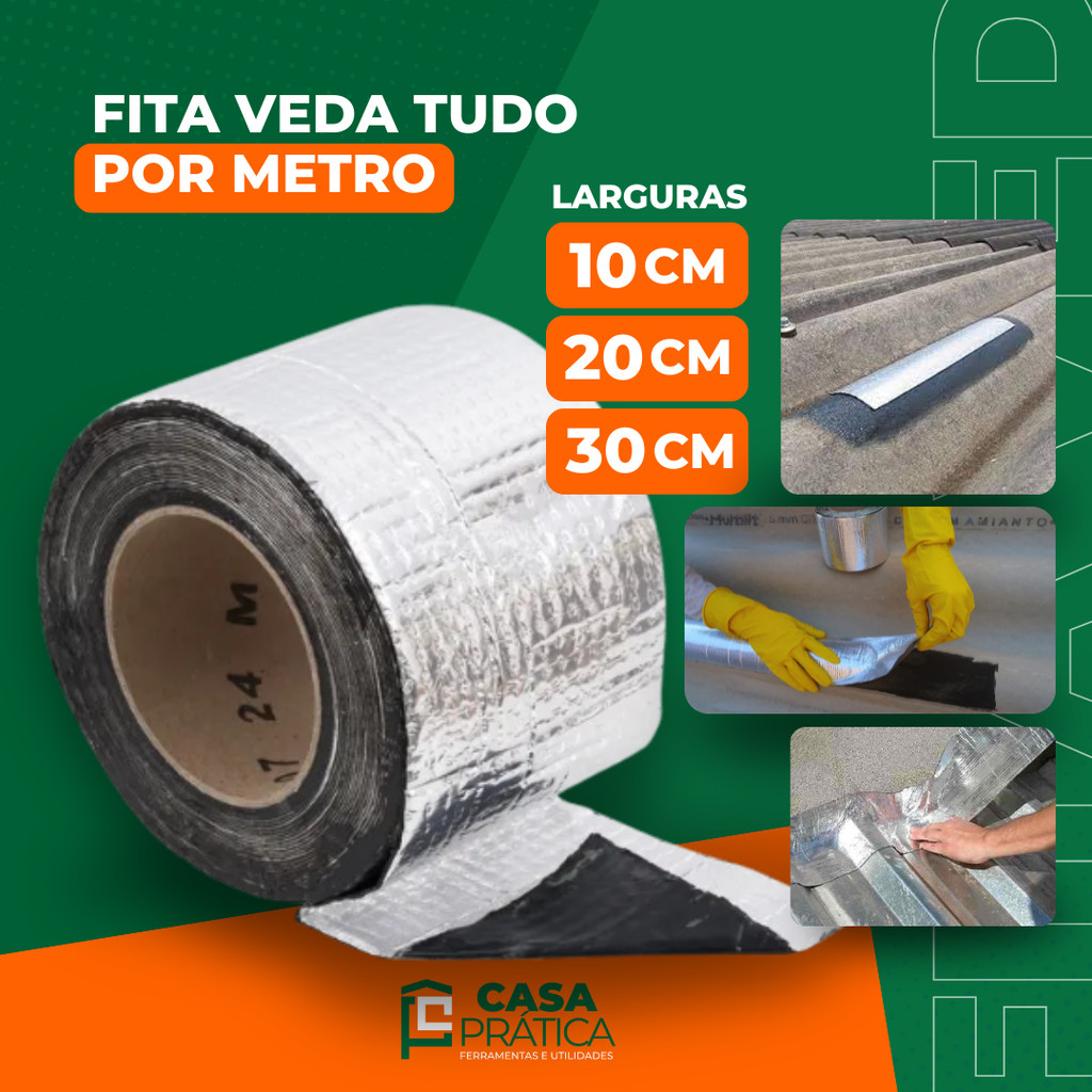 Fita Multiuso Manta Asfaltica Adesiva para Reparos Rufo Calha Telhado Veda Tudo 10cm 20cm 30cm POR METRO