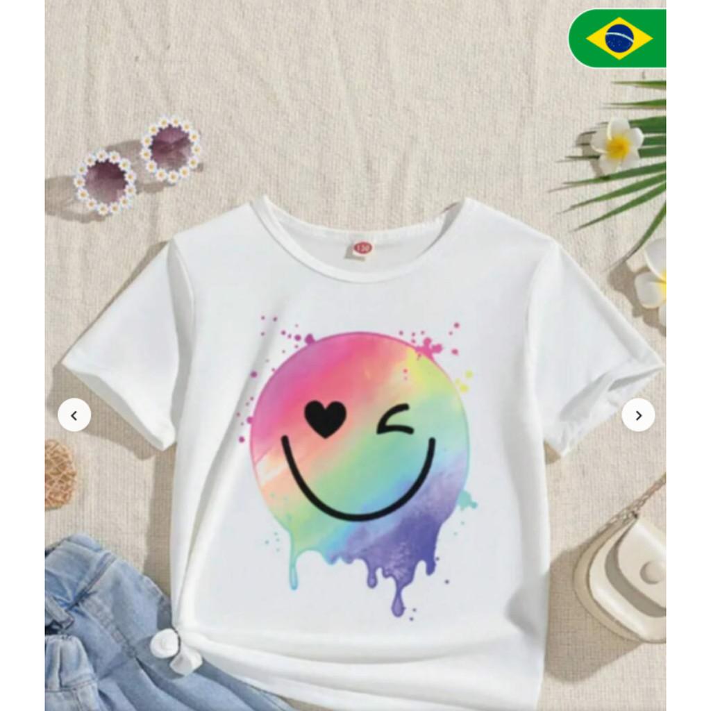 Bonito Camiseta Feminina Estampada Com Rosto Sorridente Criativo, Camiseta De Algodão Moderna E Confortável