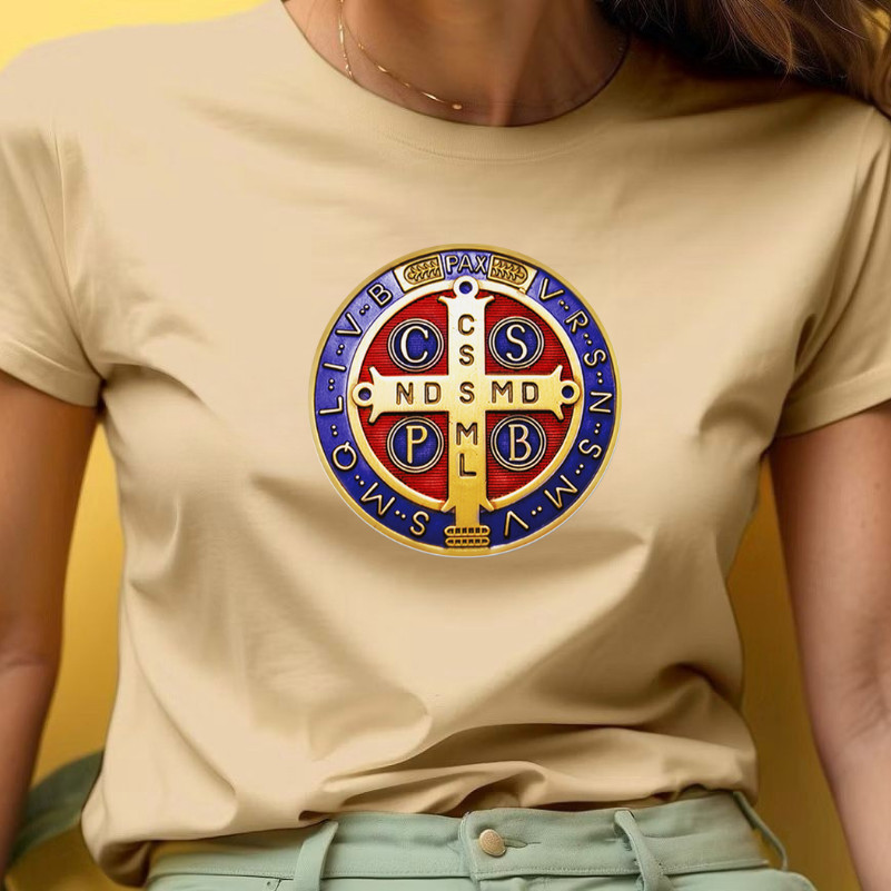 Tshirt Feminina Camiseta Medalha de São Bento Colorida Oração Moda Cristã Blusinha em Oferta na Shopee