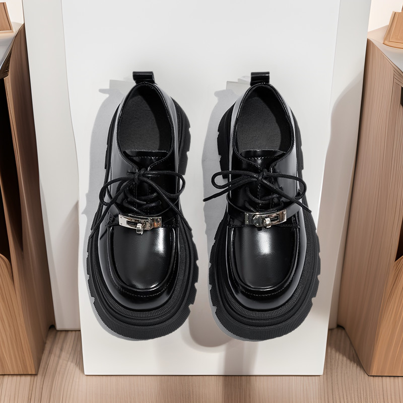 Detalhes do IELGY 2025 Outono De Sola Grossa De Couro Preto Feminino Com Cadarço Estilo Britânico Mocassins Versáteis