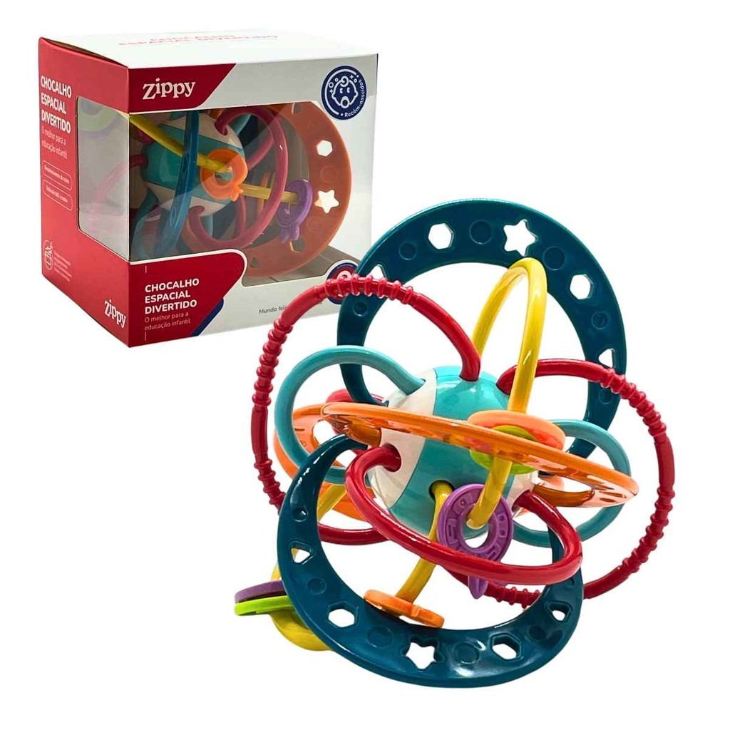 Chocalho Bola com Mordedor Flexivel Sensorial Presente Bebe Space ZippyToys
