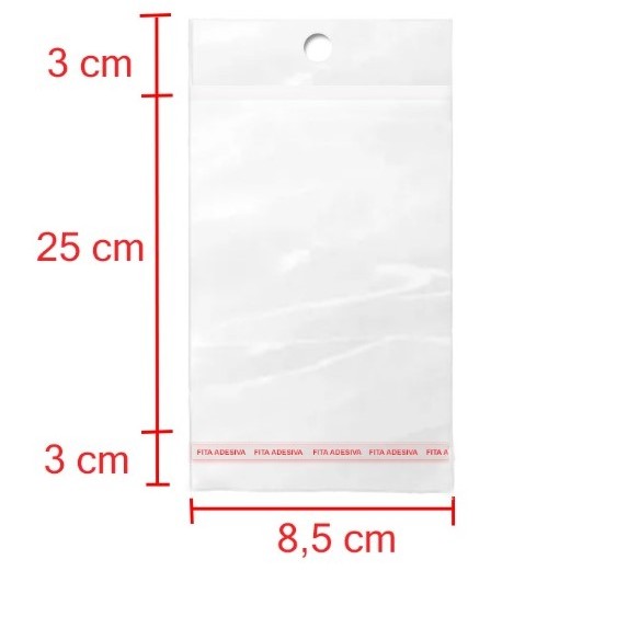 Saco Adesivado com Solapa e Furo 8,5x25+3 BOPP - Transparente